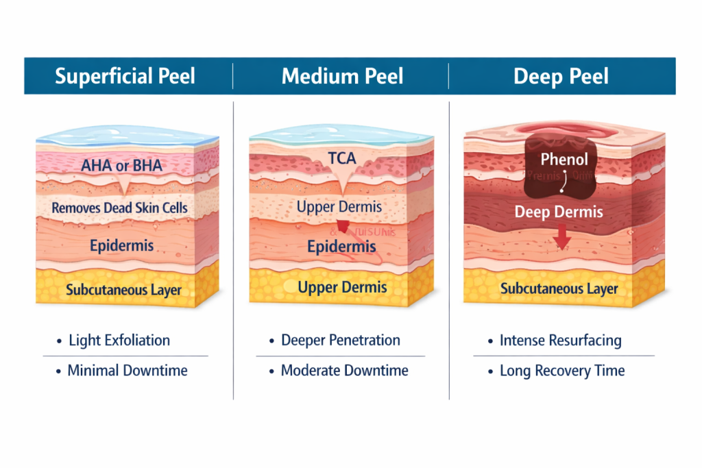 Comparison diagram of superficial, medium, and deep chemical peels showing skin layer penetration and treatment effects.