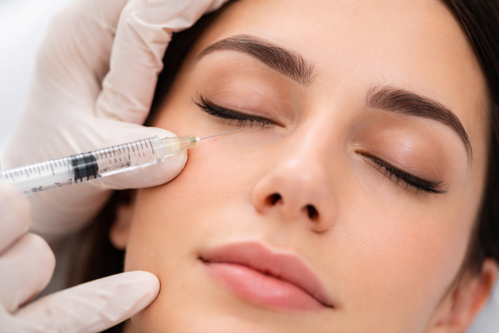 Close-up of a dermatologist injecting hyaluronic acid filler into the under-eye tear trough area in a sterile clinical setting, focusing on precision and patient care.