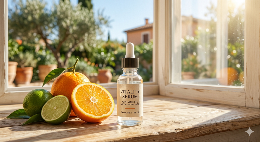 A close-up of a Vitamin C serum bottle illustrating Vitamin C serum for achieving a bright, healthy, and protected skin complexion.