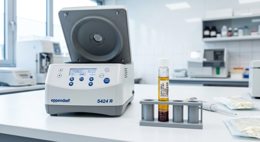 Medical centrifuge preparing golden platelet-rich plasma for an effective PRP skin treatment session to boost collagen naturally.