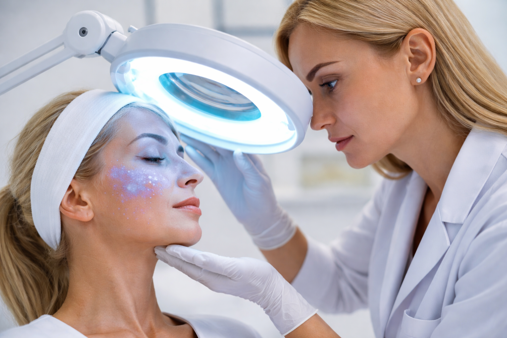 A professional skin examination helping to identify the best Sun repair therapy for restoring a healthy and clear complexion.