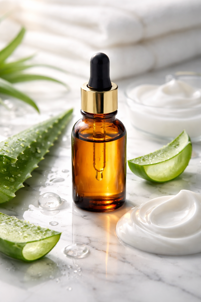 Professional retinoid (Vitamin A) skincare bottle displayed with hydrating ingredients to demonstrate safe and effective Vitamin A application