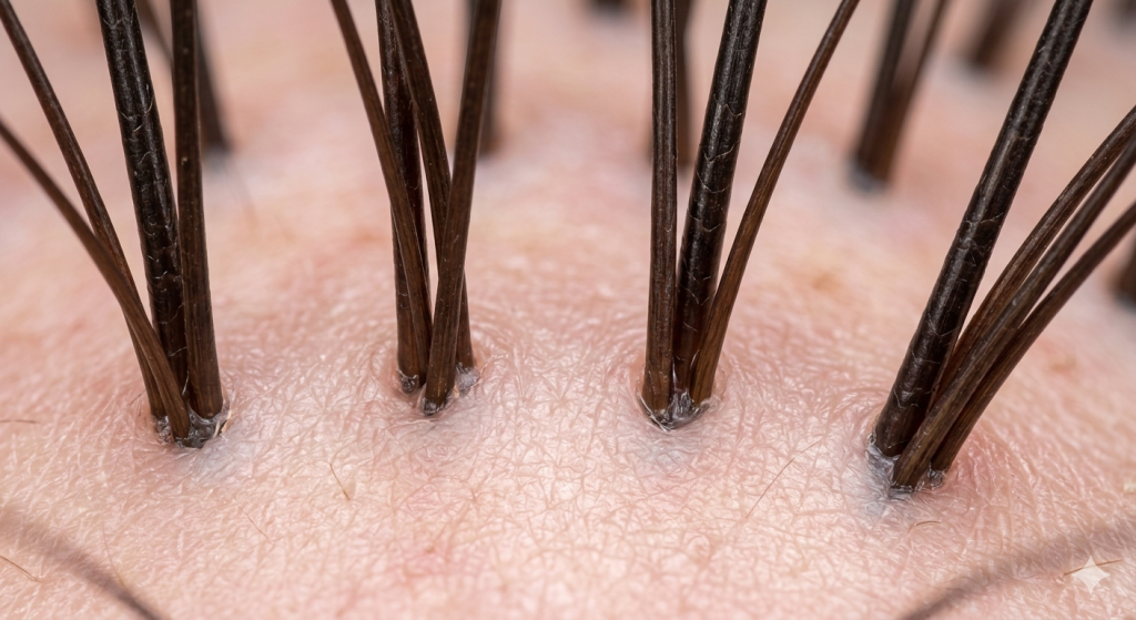 Trichoscopic close-up of healthy human scalp with thick follicles and thick hair strands coming out of the scalp