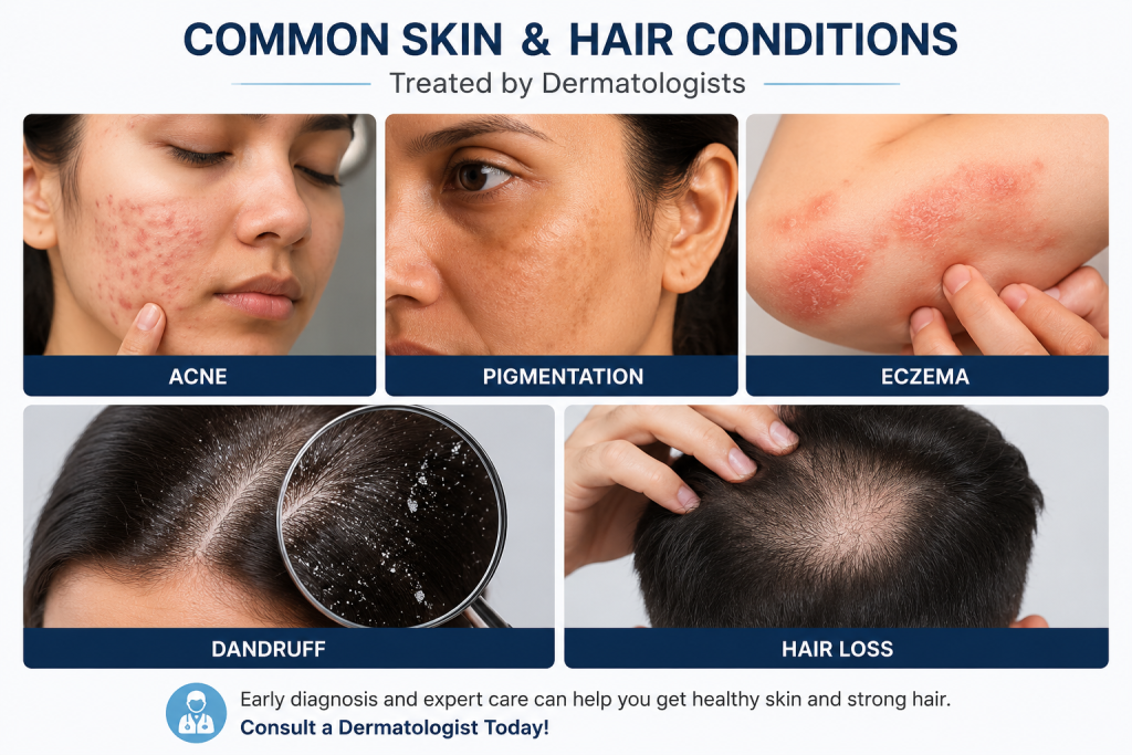 mage showing common skin and hair conditions including acne on the face, pigmentation patches, eczema on the skin, dandruff on the scalp, and visible hair loss.