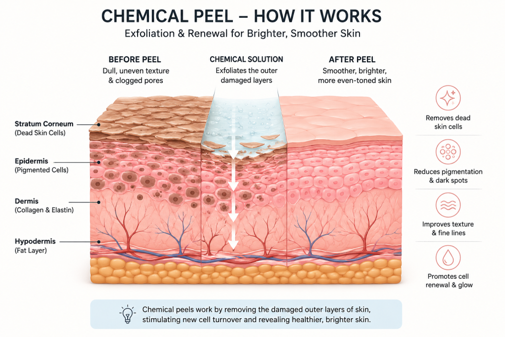 Process of a chemical peel on skin, depicting before, during, and after stages with exfoliation of dead skin cells, removal of damaged outer layers, and regeneration of skin.