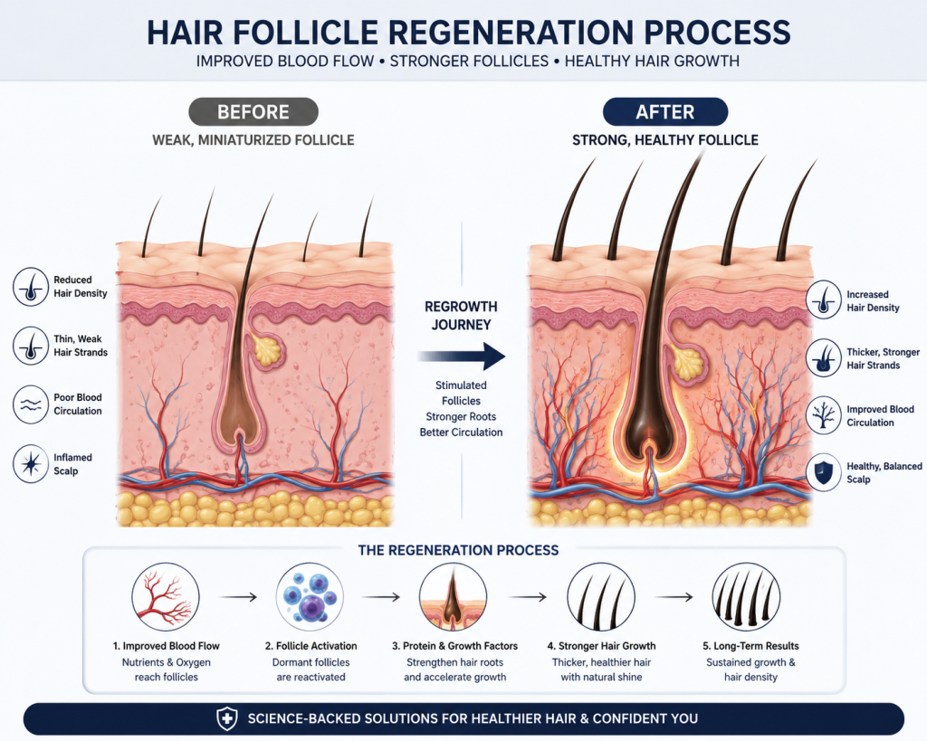 Scientific illustration showing hair follicle regeneration process, blood flow increasing around follicle, before and after comparison.