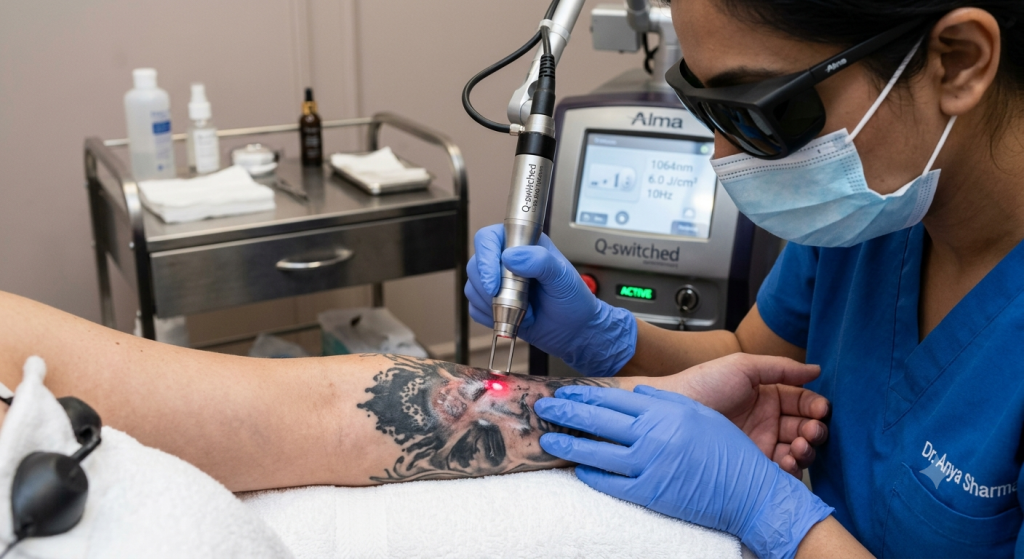 Professional tattoo removal procedure using a Q-switched laser device.