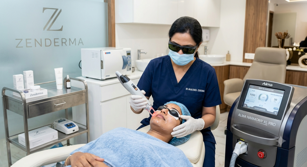A professional dermatologist administering a laser skin rejuvenation procedure in a top clinic setting.