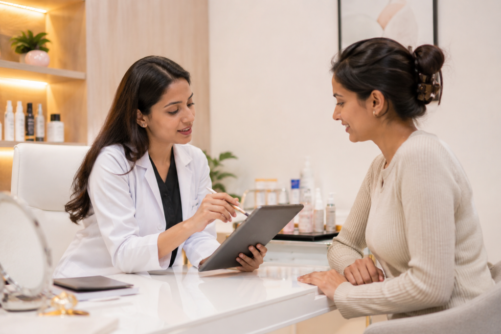 Dermatologist discussing treatment options and pricing with a patient using a tablet inside a premium dermatology consultation room, friendly consultation, realistic photography.