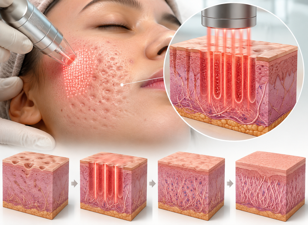 Fractional laser creating controlled treatment zones to stimulate collagen remodelling.