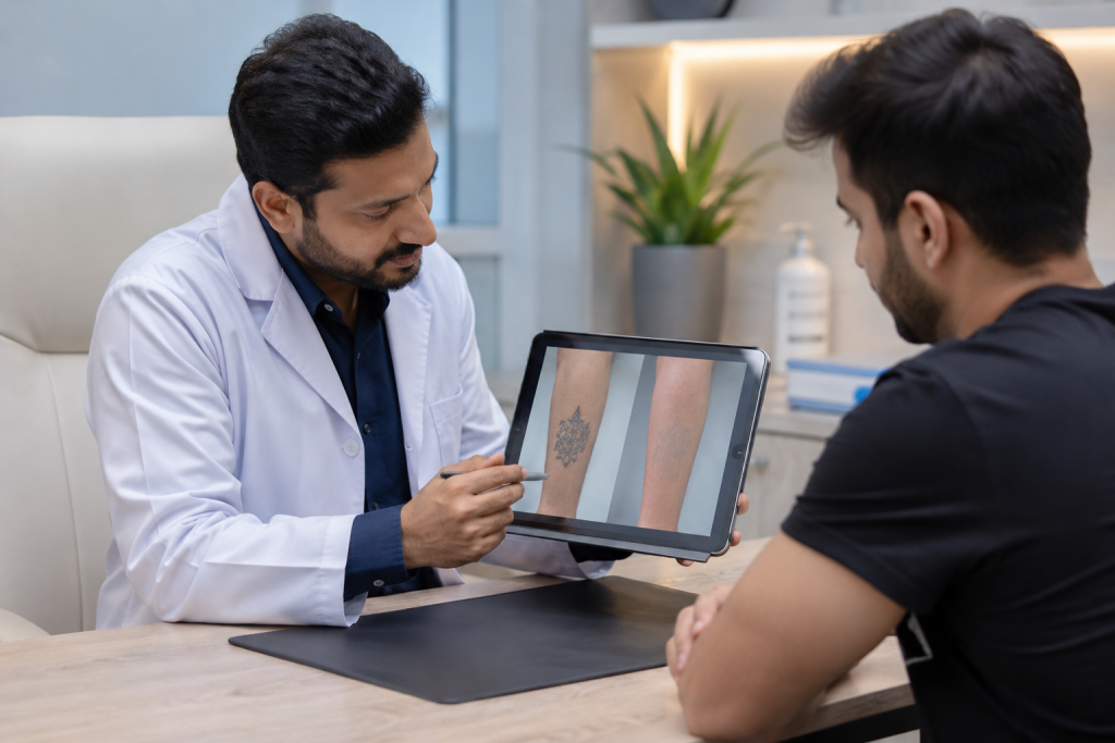 Medical consultation showing dermatologist explaining tattoo fading progress using before-and-after treatment images on tablet to patient, modern dermatology consultation room.