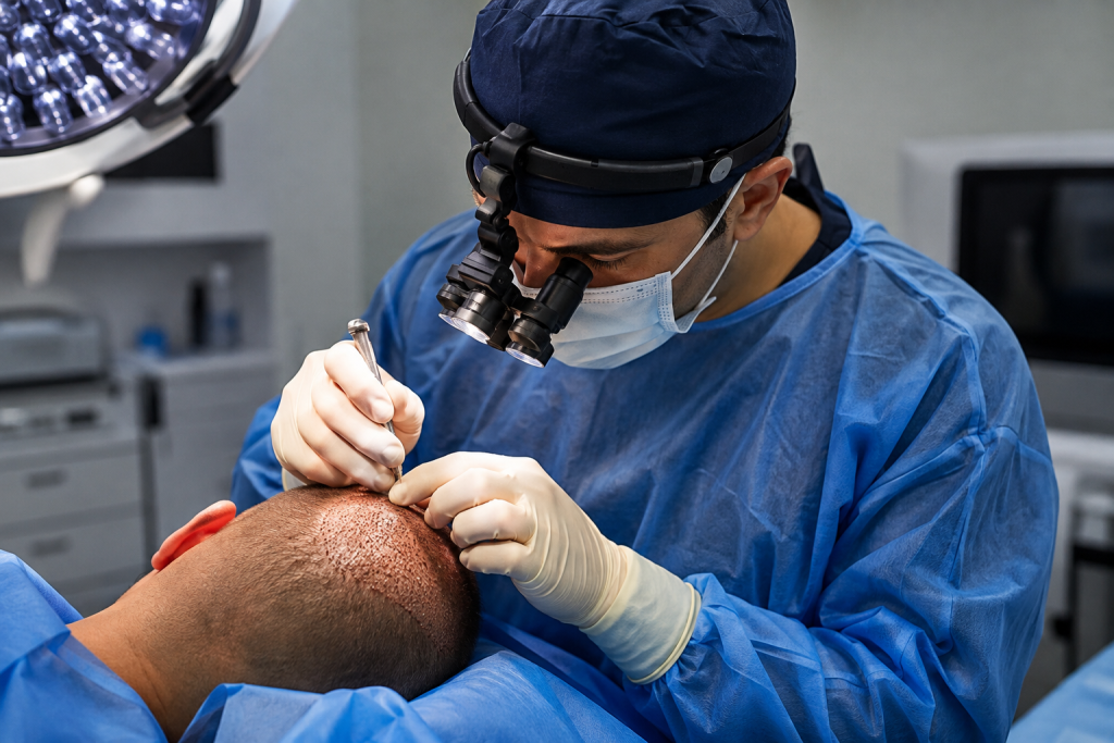Hair transplant surgeon performing follicular unit extraction (FUE) procedure under magnification, patient comfortably positioned, advanced hair transplant operating room.