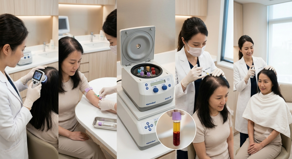 A multi-panel medical illustration showing the step-by-step GFC hair treatment process, from scalp analysis and blood extraction to centrifugation, scalp injection, and post-care in a bright dermatology clinic.