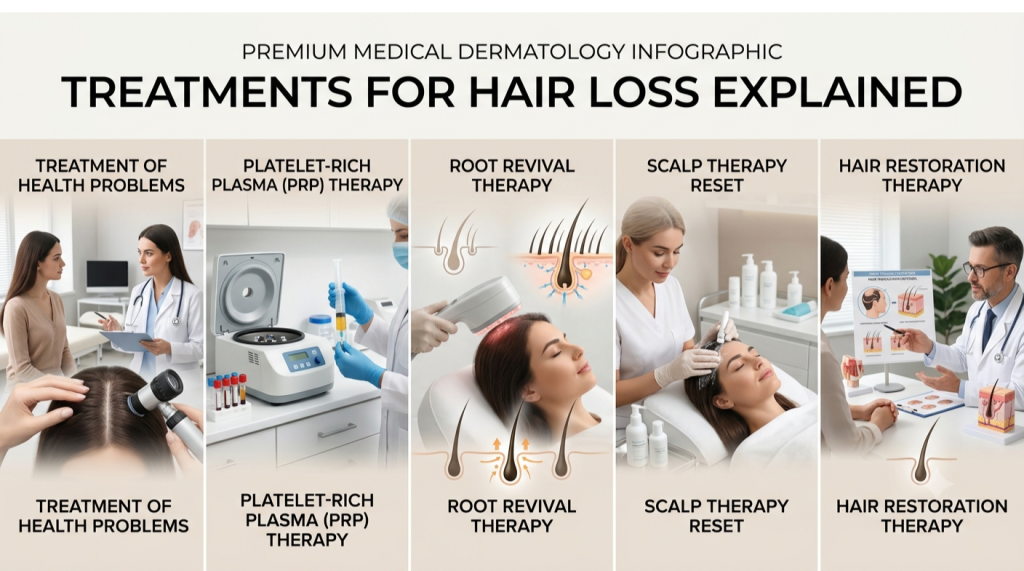 An informative medical dermatology infographic titled "Treatments for Hair Loss Explained," featuring five distinct clinical sections that illustrate various diagnostic and therapeutic options for hair restoration.