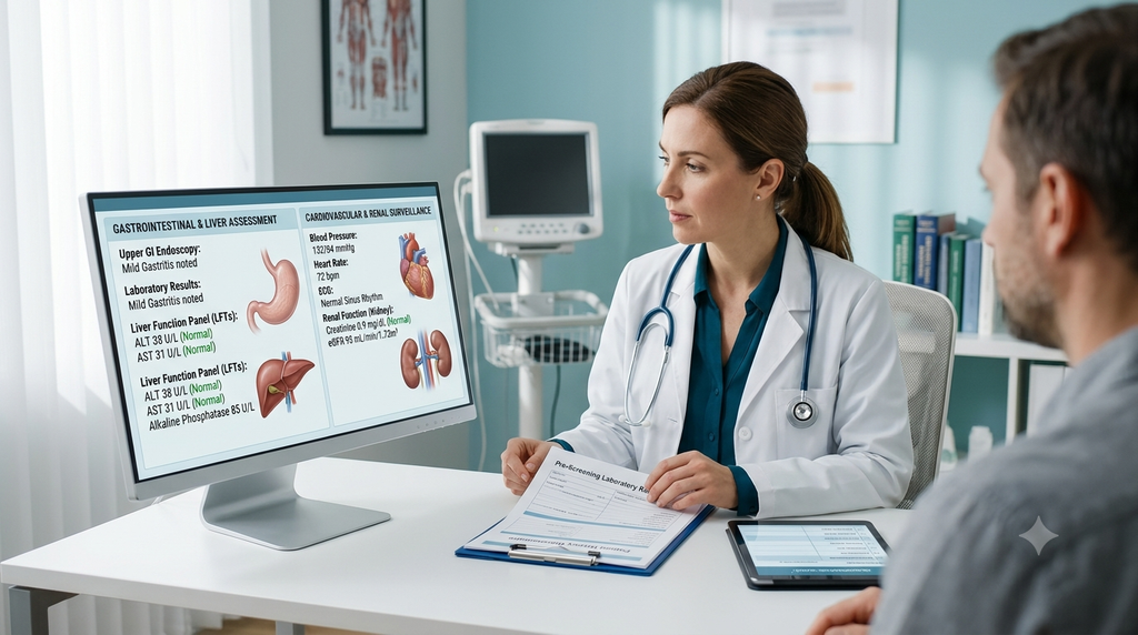 A doctor evaluates a patient's digestive, liver, cardiovascular and kidney health before weight loss injection treatment.