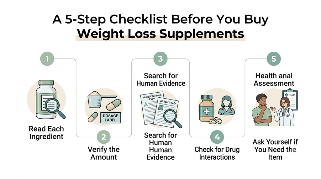 Infographic illustrating a 5-step checklist for buying weight loss supplements, covering ingredients, dosage, clinical evidence, drug interactions and personal health needs.