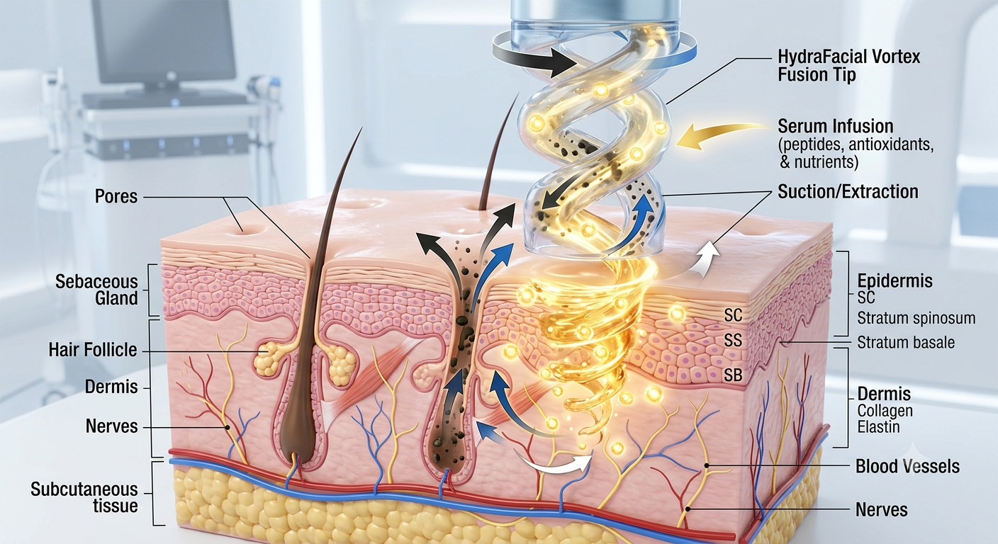 The diagram illustrates a dual-action mechanism: dark micro-particles (sebum and impurities) being gently extracted upward from deep pores via vacuum suction, while glowing golden serum.